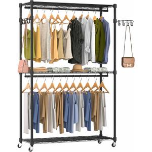 Heavy Duty Rolling Garment Rack, 3 Tiers Wire Shelves Adjustable Freestanding Portable Rolling Clothing Rack with Lockable Wheels, 47.2''L x 15.8''W x 78.8''H, Max Load 650LBS