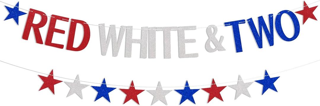 Red White and Two Banner - 4th of July Birthday Party Decorations, Red Blue Star Graland, Patriotic 2nd Birthday Party Decorations