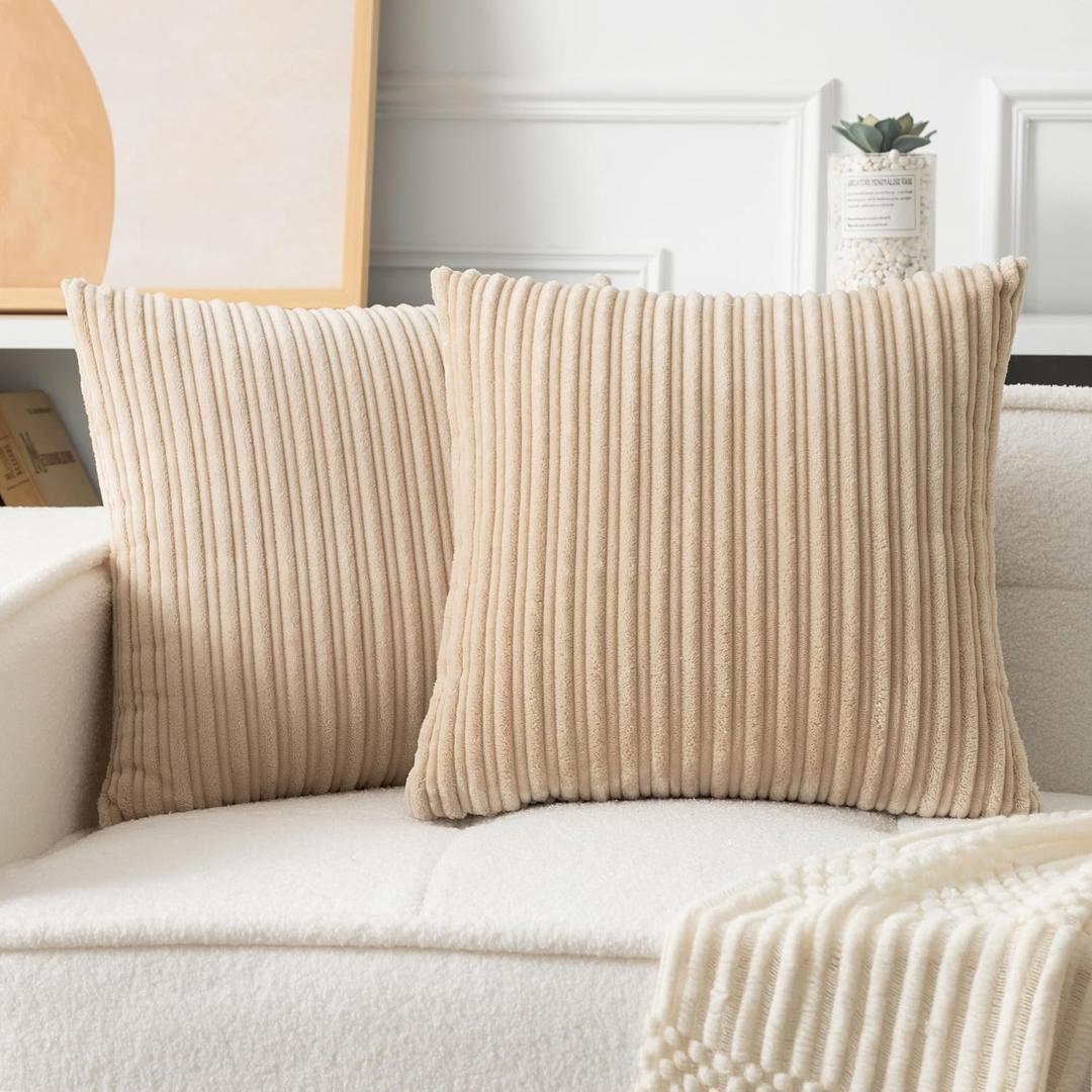 UGASA Velvet 24x24 Inch Soft Throw Pillow Covers Decorative Corduroy Striped Both Sides Solid Square Cushion Cases Boho Farmhouse for Couch Bedroom Sofa Home, Pack of 2, Beige