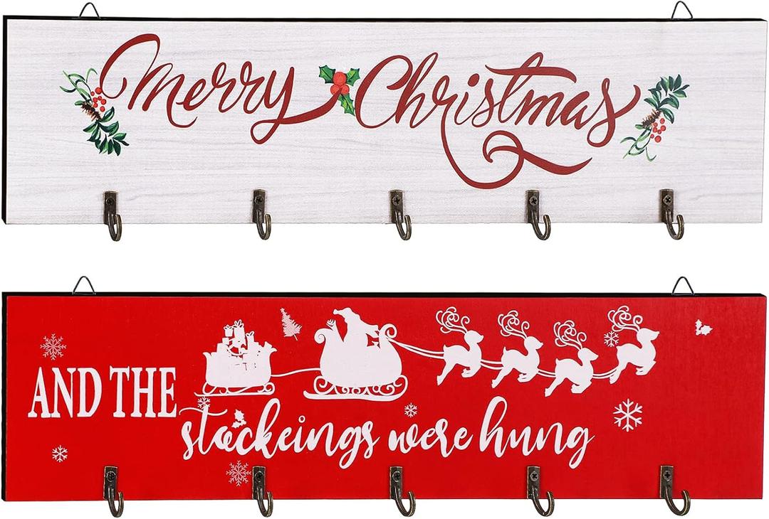 Blulu 2 Pieces Christmas Stocking Holder for Wall The Stockings were Hung Wall Sign Merry Christmas Stocking Hangers Xmas Holder with 5 Hangers for Fireplace Mantel Door(Chic Style)