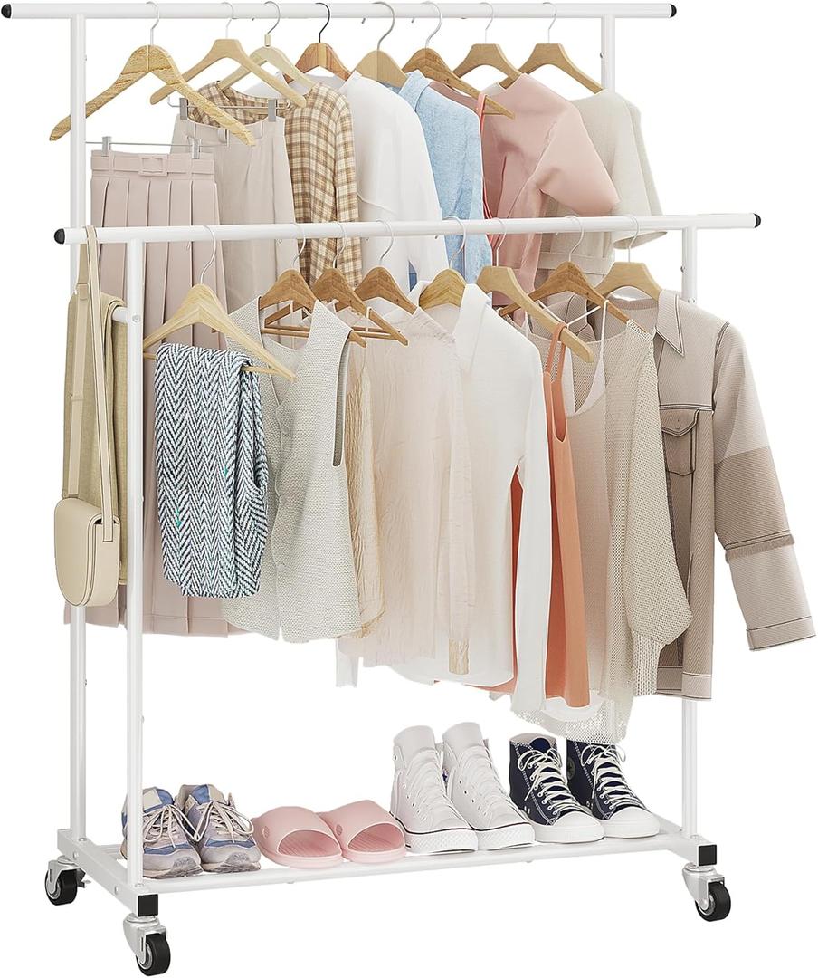 Calmootey Double Rod Clothing Garment Rack,Rolling Hanging Clothes Rack,Portable Clothes Organizer for Bedroom,Living Room,Clothing Store,White