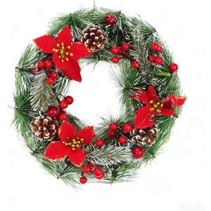 Christmas Wreath 11 Inch, Christmas Front Door Wreath Decorations with Artificial Pine Cone, Red Berry Clusters, Green Frosted Branches, Flowers, for Merry Christmas Party Decor Outdoor