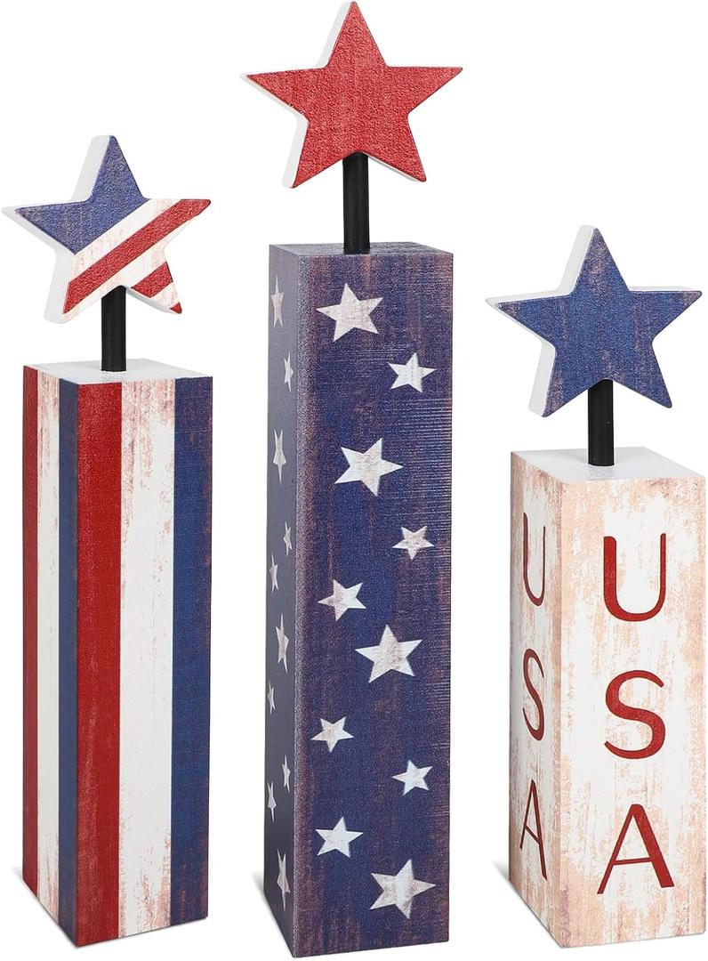 COCHIE 4th of July Decorations Set, Red White Blue Decor, Wooden Patriotic Memorial Day Tiered Tray Decor, Labor Day Decorations, Fourth of July Decoration for Home Office Table (Flag Retro)