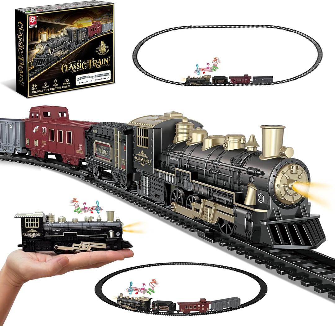 JUQU Christmas Train Set for Kids Ages 3-8, Battery Operated Toy Train with Light & Sound, Black/Gold Mini Train Tracks Under Tree for Holiday Decor