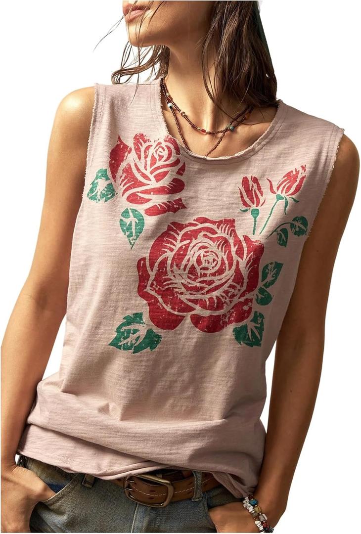 SOLY HUX Women's Floral Tank Tops Sleeveless Crewneck Casual Summer Vacation Top (M)