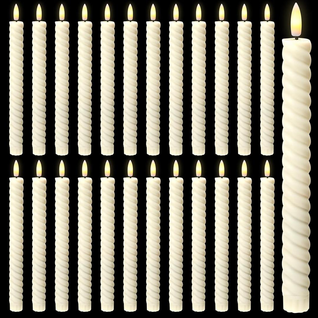 Tuanse 24 Pcs 10 Inch Flameless Twisted Taper Candles, LED Flickering Battery Operated Candles Electric Warm Light Candlesticks for Wedding Birthday Party Home Dinner Decor (Ivory)