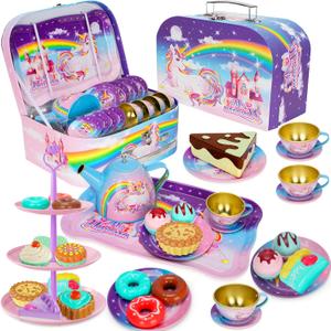 KMUYSL Girl Toys for 3+ Years Old, Tea Party Set for Little Girls, Kitchen Toy for Kids 3 4 5 6 Year Old, Girls Toys with Tin Tea Set, Desserts & Carrying Case, for Girls