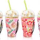 4Pack Reusable Iced Coffee Sleeve Insulator Sleeves for Cold Drinks Beverages, Neoprene Cup Holder for Most Coffee, Fits 30-32oz Large Cups (Blooming Bright)