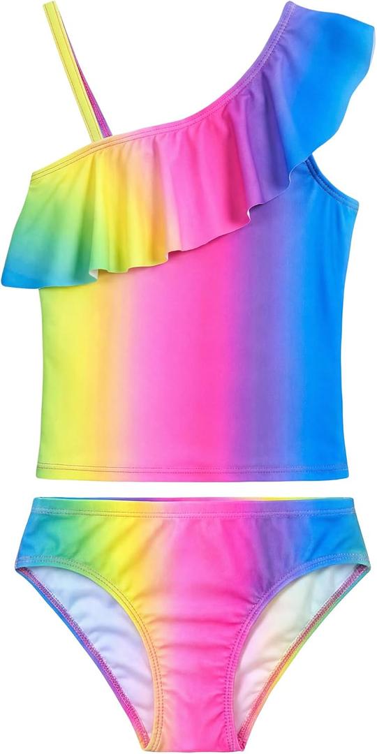 Girls Tankini Swimsuit Two Piece Bathing Suit Colorful Toddler Kids Ruffle Swimwear Adjustable Strap Summer Beach