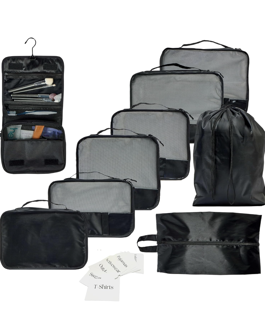 9 Piece Set Packing Cubes - Suitcase Organizer, Cute Packing Cubes, Travel Bag Organizer Luggage, Toiletry & Makeup Bag, Gifts for Women, Teachers and Gradutes-Black