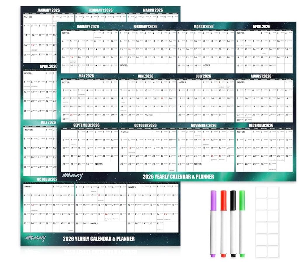 32" x 48" Apricity 2026 Wall Calendar Dry Erase - Dark Green Wall Calendar Wet & Dry Erasable Laminated 12 Month Annual Yearly Planner, Reversible, Horizontal/Vertical,with Julian Dates