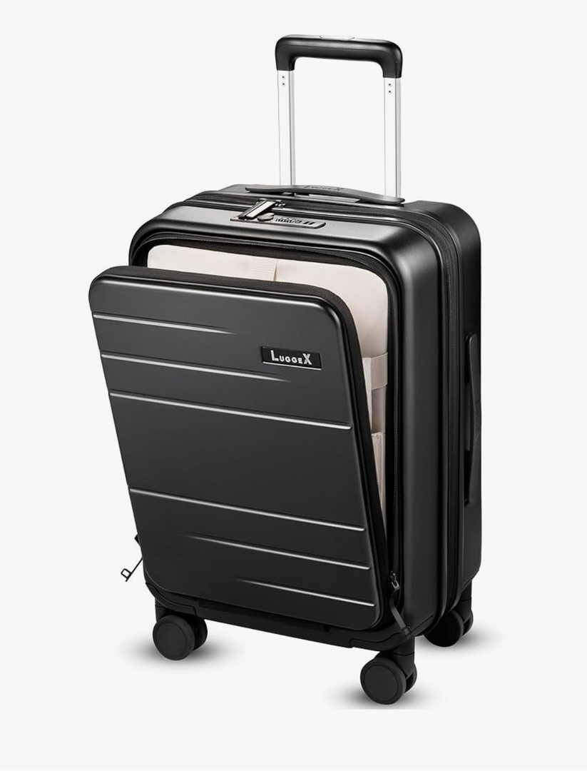 LUGGEX Carry On Luggage 22x14x9 Airline Approved, FLO5 Expandable Polycarbonate Suitcase with Front Pocket (FX-Core, Black, 20 Inch)