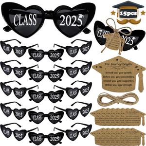 15pcs Graduation Party Favors Class of 2025 Sunglasses, Grad Glasses with Crads Bulk Photo Booth Props Decorations Eyeglasses Accessories(Heart)