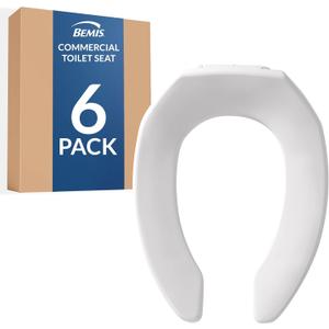 Bemis 6 Pack Commercial Open Front Plastic Toilet Seat, Heavy Duty Industrial Seat Without Lid, Secure Installation for Long Lasting Use, Made in USA, Elongated, White, 1955CT