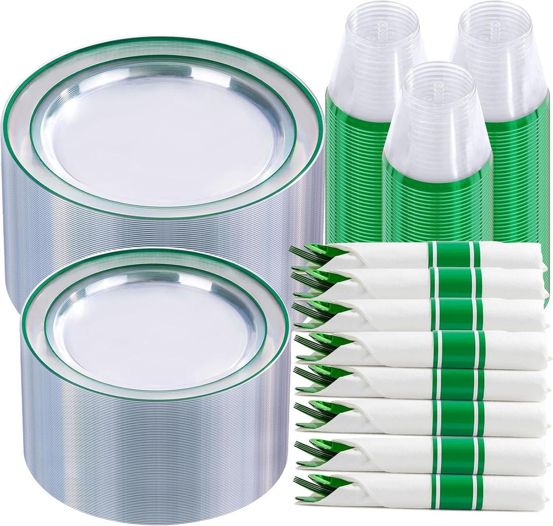 I00000 350 Pcs Green Plastic Dinnerware Set for 50 Guests Include:50 Dinner Clear Green Plastic Plates, 50 Dessert Party Plates, 50 Pre Rolled Napkins with Cutlery Set, 50 Cups for Party