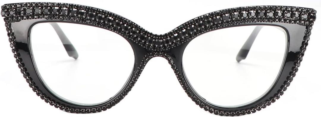 Cat Eye Reading Glasses Bling Rhinestone Magnified Blue Light Blocking Reader Glasses Black 1.75x