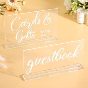 Yulejo 2 Pcs Acrylic Wedding Signs for Ceremony and Reception Please Sign The Guestbook Wedding Reception Sign Cards and Gifts Signs with Stand for Party Home Decor (White Printing)