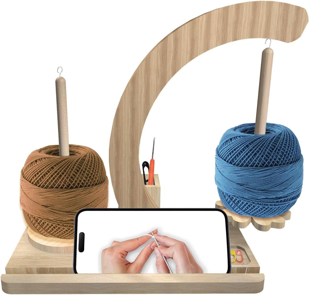Yarn Holder for Crocheting and Knitting,Upgraded Rotating Yarn Spinner with 2 Spindles,Portable Wrist Yarn Holder with Phone Stand & Crochet Accessories Storage, Crochet Gift for Knitting Lovers
