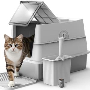 Stainless Steel Litter Box | Enclosed Cat Litter Box with Lid for Big Cats | High Sided Metal Litter Boxes | 100% Anti-Urine Leakage | Odor Control | Non-Stick with Litter Mat & Litter Scoop Set: X-Large