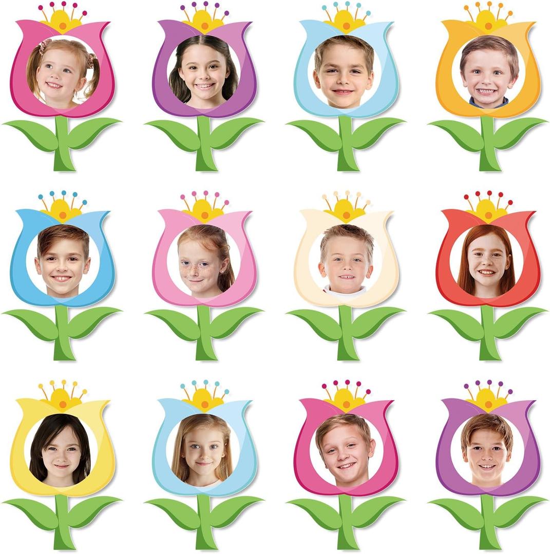JarThenaAMCS 45 Pcs Spring Tulip Floral DIY Cutouts Colorful Flower Shape Paper Cutting Bulletin Board Decoration with 100 Pcs Glue Points for Party Classroom Home Photo Crafts