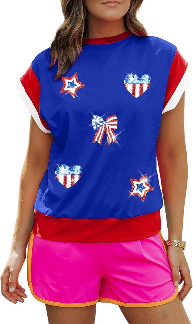 Women American Flag Cap Sleeve Shirt Sequin USA Star T-Shirt Sparkly 4th of July T-Shirt Patriotic Tee Tops (X-Large, Blue)