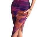 LIGHT DOT Women's Spaghetti Strap Printed Bodycon Ruched Midi Cocktail Dress Sexy Cowl Neck Tie Dye (Purple Orange,M)