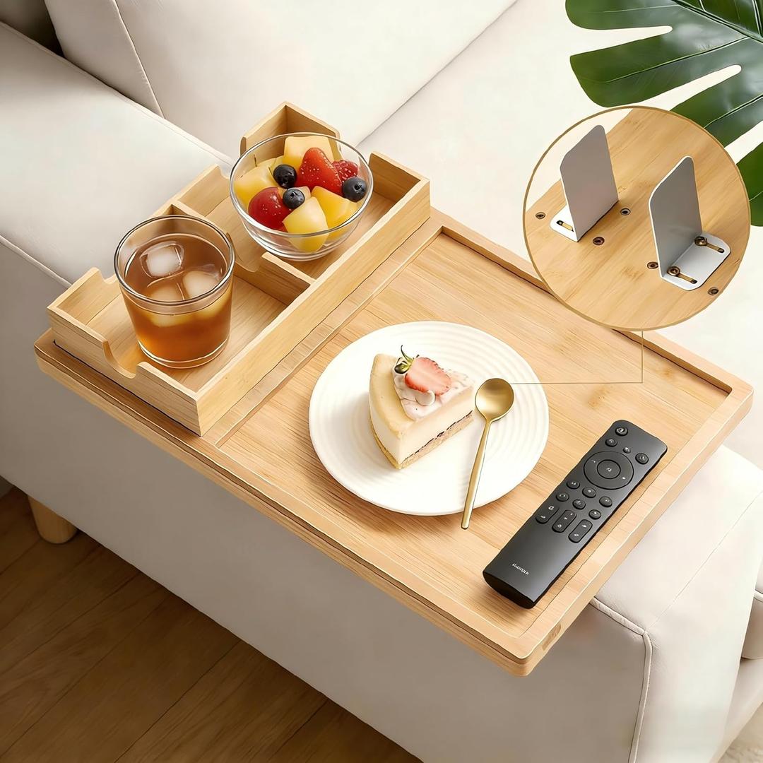 2-in-1 Couch Cup Holder Tray with Metal Legs, Bamboo Couch Armrest Table with Detachable Cup Holder, Adjustable 29.85 Inch Fit, Extra Stable Sofa Arm Tray for Living Room & Recliner
