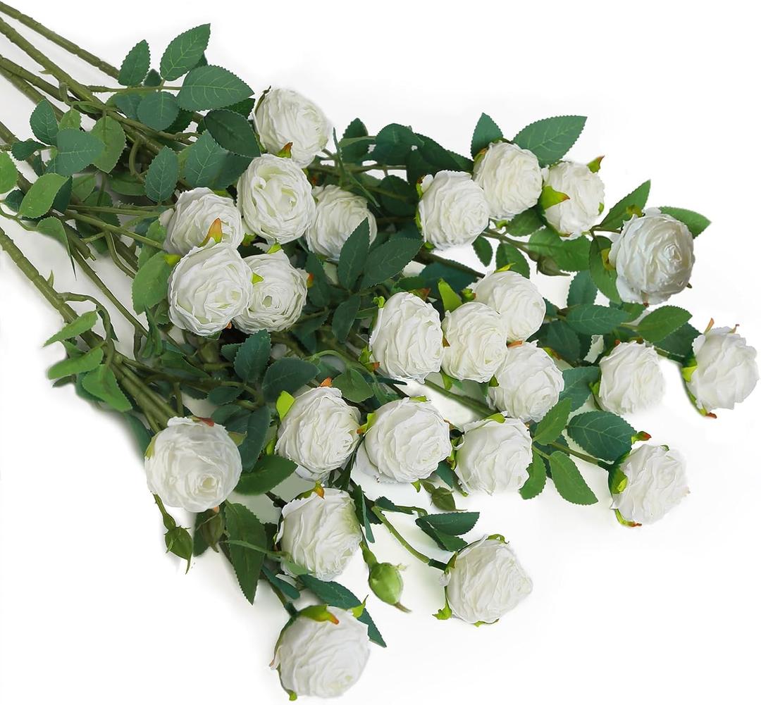 CHIAVE 8pcs 25 Flower Buds Artificial Vintage Roses Fake Silk Rose Flowers with Long Stem for DIY Bouquets Wedding Centerpiece Party Home Kitchen Shorp Decoration-White