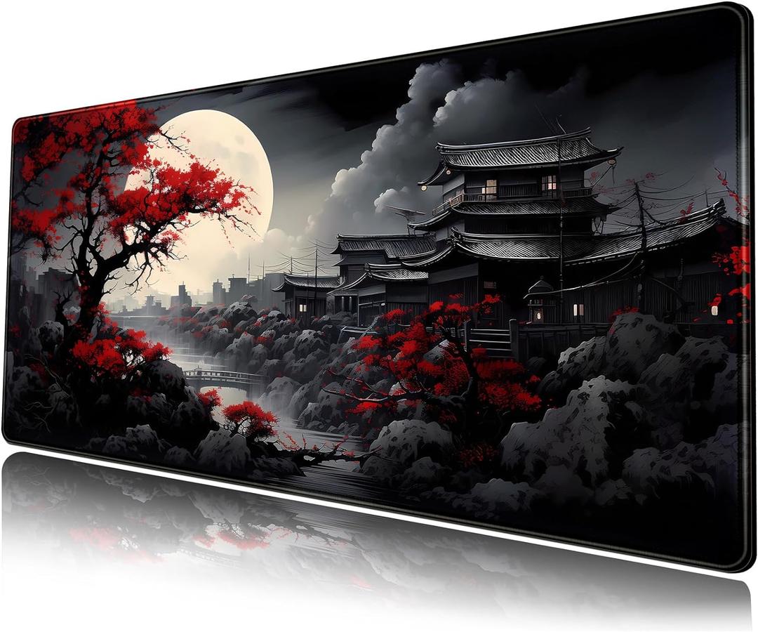 Riverside Full Moon Desk Mat Japanese Desk Pad Black Red Large Mouse Pad Gaming Mousepad Extended XXL Keyboard Pad 31.5 x 11.8 in Laptop Computer Mouse Keyboard Mat for Office Decor