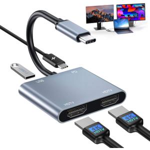 USB C to Dual HDMI Adapter 4K@60Hz, Type C Hdmi Splitter for Dual Monitors with USB 3.0, 100W Fast Charging, USB Hub with 2-HDMI Extended Display for MacBook, USB-C Laptop for Dell for Lenovo