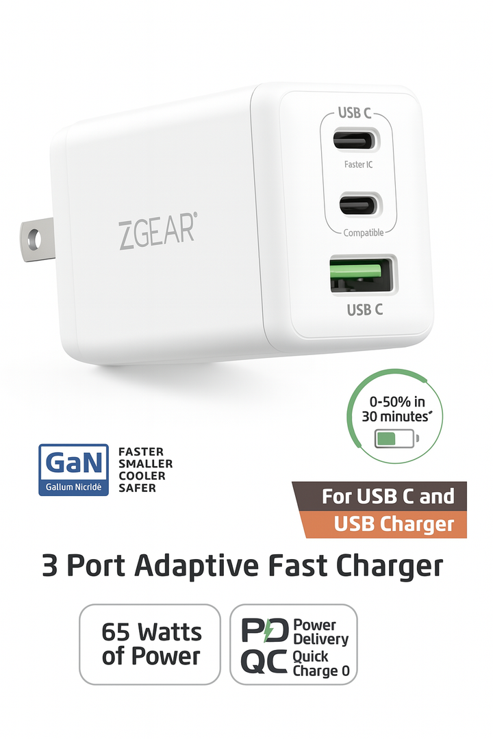 ZGear 3 Port Adaptive Fast Charger 65 Watts Of Power