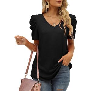 Womens Summer Shirt V Neck Casual Loose Fit Tshirts Puff Short Sleeve Tops (Black, S)