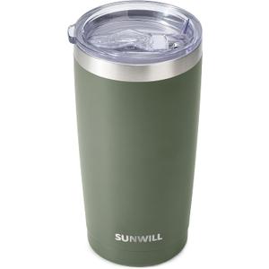 SUNWILL Travel Coffee Tumbler 20 oz, Insulated Mug with Lid, Stainless Steel Iced Cup for Outdoor, Powder Coated Camp Green