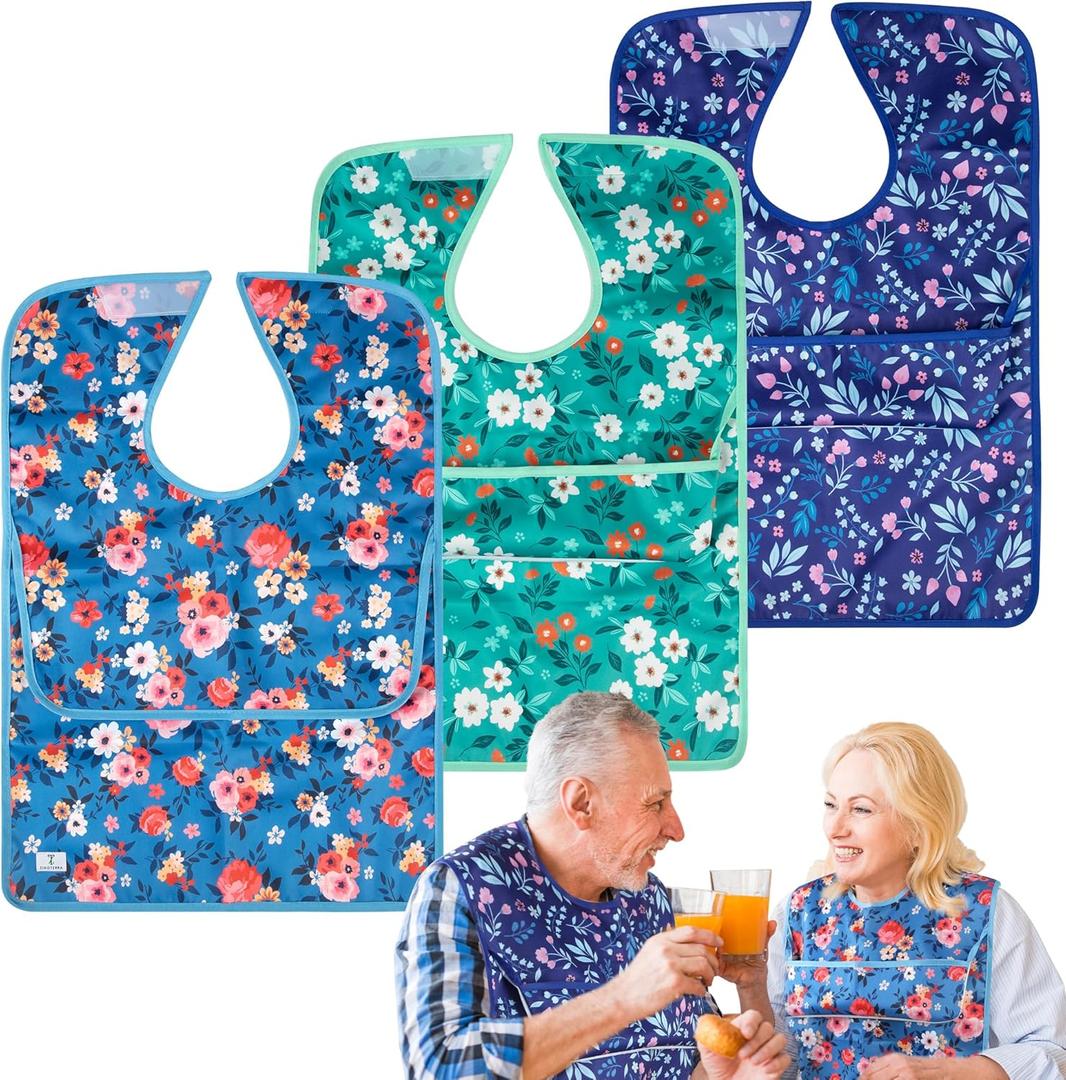 3Pack Adult Bibs with Crumb Catcher,Bibs for Eating,Waterproof Washable Adult Clothing Protectors,Reusable Large Feeding Bib for Women Men Elderly Seniors (Flower 2)