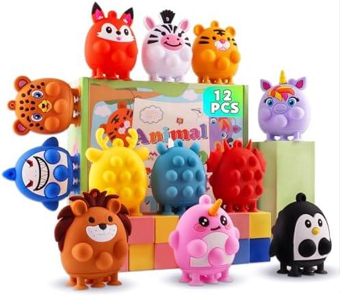 ChildFun 12 PCS Party Favors for Kids, Silicone Animal Pop Fidget Toys with Suction, Birthday Gifts for Boy Girls, Treasure Box Toys, Goodie Bag Stuffers, Prizes for Kids, Pinata Stuffers
