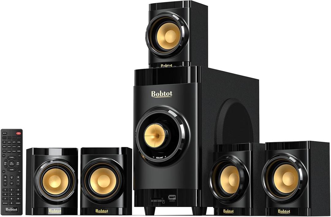 Bobtot Small Subwoofer Home Theater for TV Surround System 5 Wired Speakers Amplifier 4 inch Woofer Built-in Receiver Support HDMI ARC Optical Bluetooth Input for Projector
