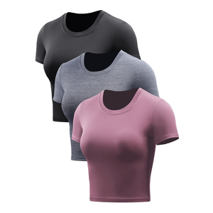 CADMUS Women's Dry Fit Crop Top Yoga Short Sleeve Shirts Crew Neck Athletic Running Tee 3 Pieces