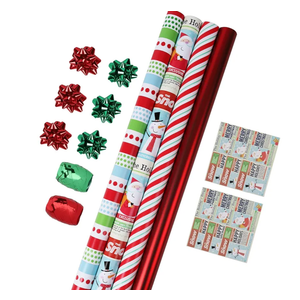 LaRibbons Christmas Wrapping Paper Roll with Cutlines, Polka Dot & Stripe Design with Gift Bow & Ribbons & Tags, Perfect for Christmas, Holiday Party, 30 Inch X 10 Feet (4Rolls, 100 sq.ft.ttl.)