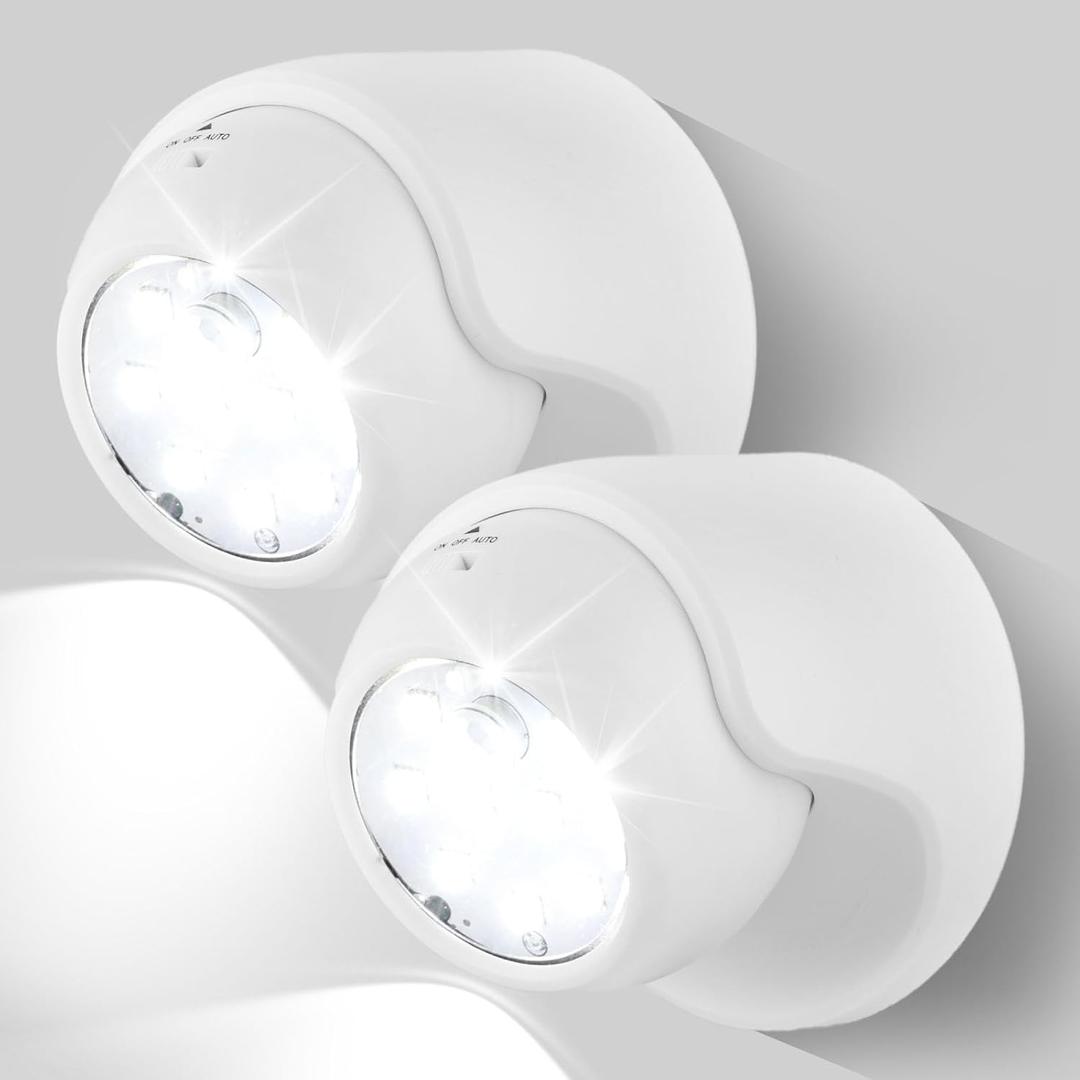 Motion Sensor Outdoor Lights - Outdoor Motion Sensor Light Battery Operated Wireless Spotlight Motion Detector Security Light Auto On Off for Sheltered Porch Stair Hallway Garage Wall Shed (2 Pack) (White)
