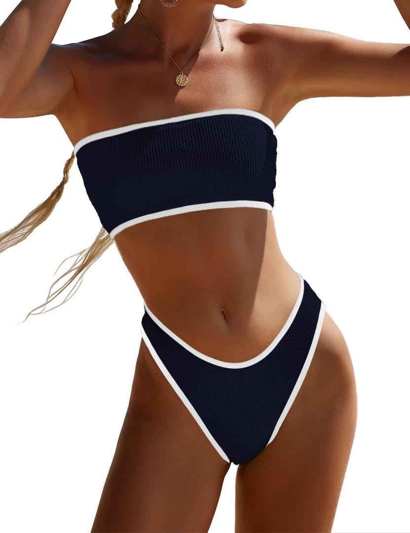 YIMISAN Women's Two Piece Bandeau Swimsuit Ribbed Strapless Tube Bikini Top with Mid Waist Cheeky Bottom Bathing Suit, Small
