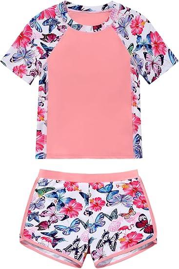 ESHOO Girls Rash Guard Swimsuit Kids 2-Piece Bathing Suit UPF 50+ Summer Beach Swimwear for Teen Girls Swim Shirt Shorts Set 14T