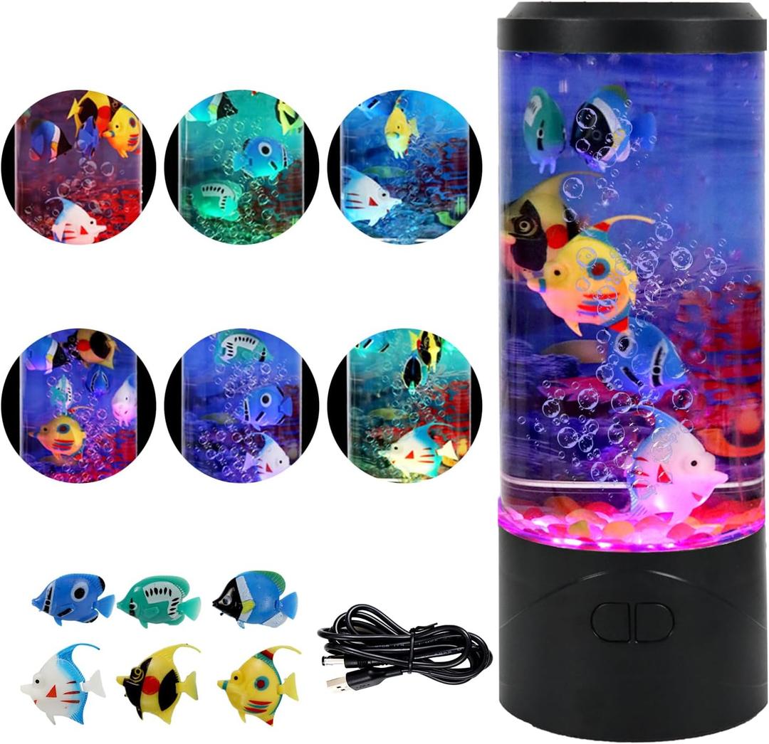 Fake Fish Tank Aquarium Lamp,Bubble Fish Lamp with 6 Artificial Fishes Night Lights, Sensory Gifts for Kids Adults, for Rooms, Offices, and Living Spaces Decor