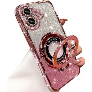 Magnetic Kickstand Glitter Case for iPhone 16, [Compatible with Magsafe] Luxury Bling Sparkly Diamond Rhinestones with Camera Lens Protector Soft TPU Women Girls Case for iPhone 16 6.1", Pink