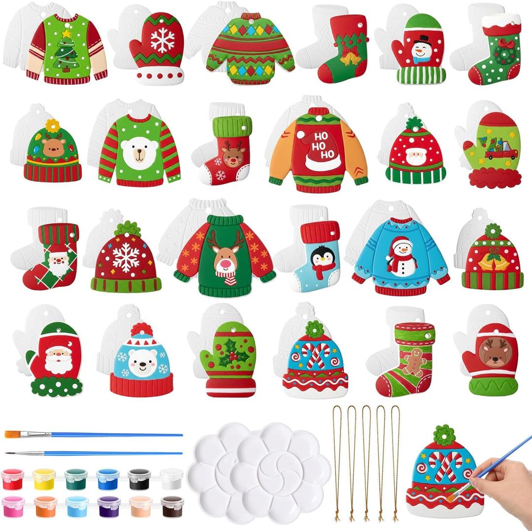 Seenelling 24 Sets Christmas Ceramic to Paint Kits, Ceramic Ornaments to Paint, Unpainted DIY Xmas Crafts Figurines, Arts and Crafts with Brush for Christmas Tree Hanging Party Decor(Ugly Sweater)