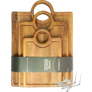 Acacia Wood Cutting Board Set - 3-Piece (14"/12"/9") Solid Wood Cutting Boards with Juice Groove & Handle, Dual-Use Butcher Block for Food Prep & Charcuterie Serving