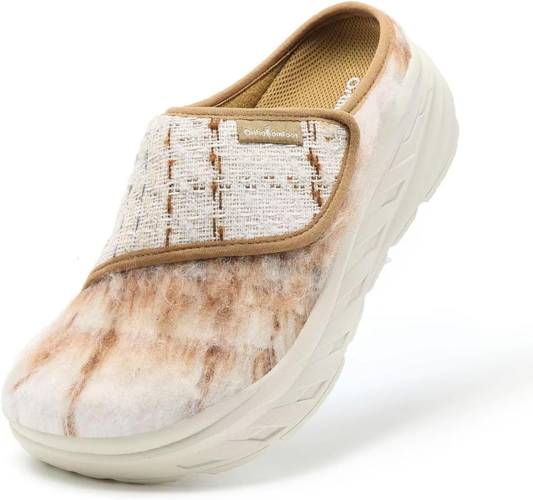 Women's Orthopedic Diabetic Wide Slippers: Comfortable Arch Support Plantar Fasciitis Walking Shoes, Casual Flat Feet Winter Warm Hook and Loop House Slip On Loafers for Foot and Heel Pain Relief (K2-brown/Beige)