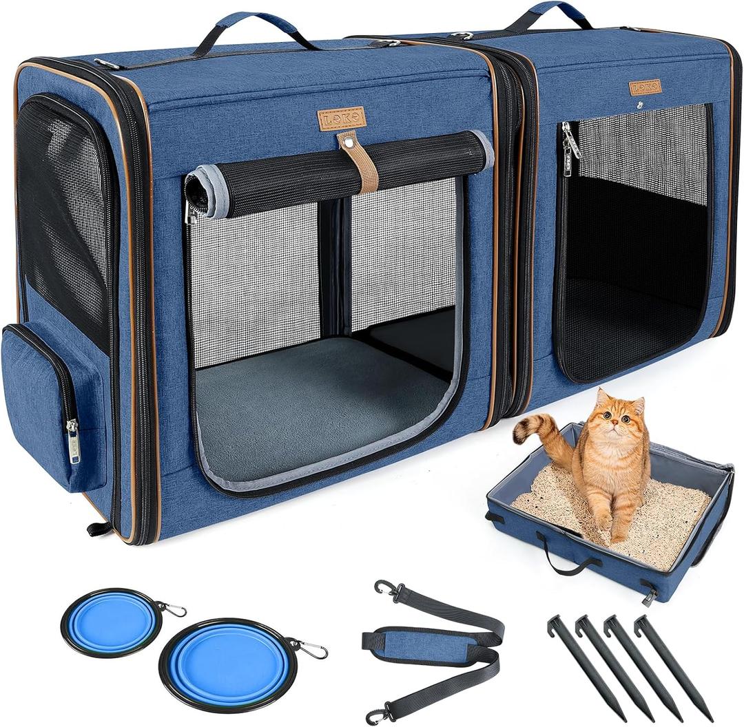 Lekereise 2-in-1 Cat Travel Carrier with Litter Box, (17.7" x2) x16.5"x13" Large Cat Carrier with Zipper Locks for Moving Across The Country (No Hammock) - Blue