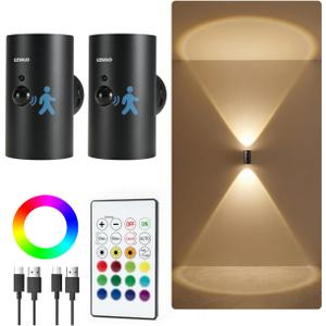 EZVALO Motion Sensor Wall Light, 4000mAh Rechargeable Battery Operated Wall Sconce, RGB & 3 Color Temps with Remote, Wireless Ambient Light for Living Room, Hallway, Apartment (2 Pack, Black)