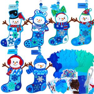 Winlyn 24 Sets Winter Decorations DIY Snowman Stocking Ornaments Christmas Craft Kits Foam Stocking with Festive Snowman Snowflake Foam Stickers for Kids Holiday Classroom Activities Party Favors