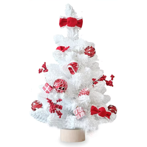 Mini Christmas Tree 2FT with Lights White Tabletop Christmas Tree with Flocking Snow Frost Tips Berries Wood Base with Burlap 55CM Small Xmas Pine Tree for Holiday Home Decoration